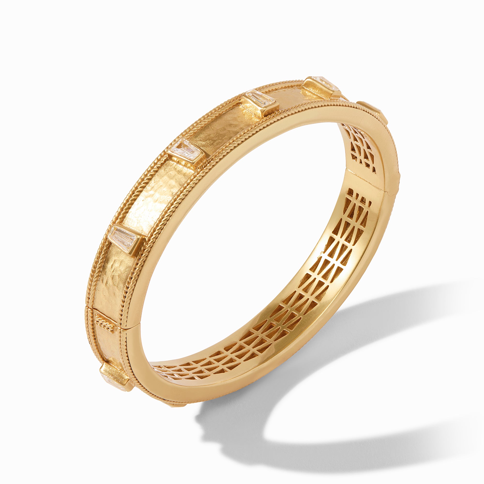 Standing view of Aurora Stone Hinge Bangle in CZ; carousel