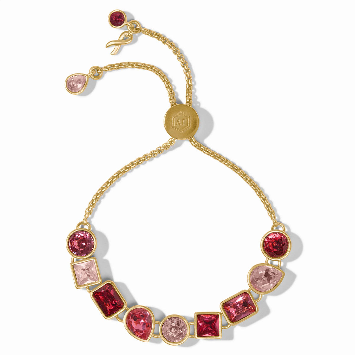 carousel, A gold adjustable bracelet featuring a row of pink and red gemstones in round, square, and teardrop cuts, displayed on a clean white background.